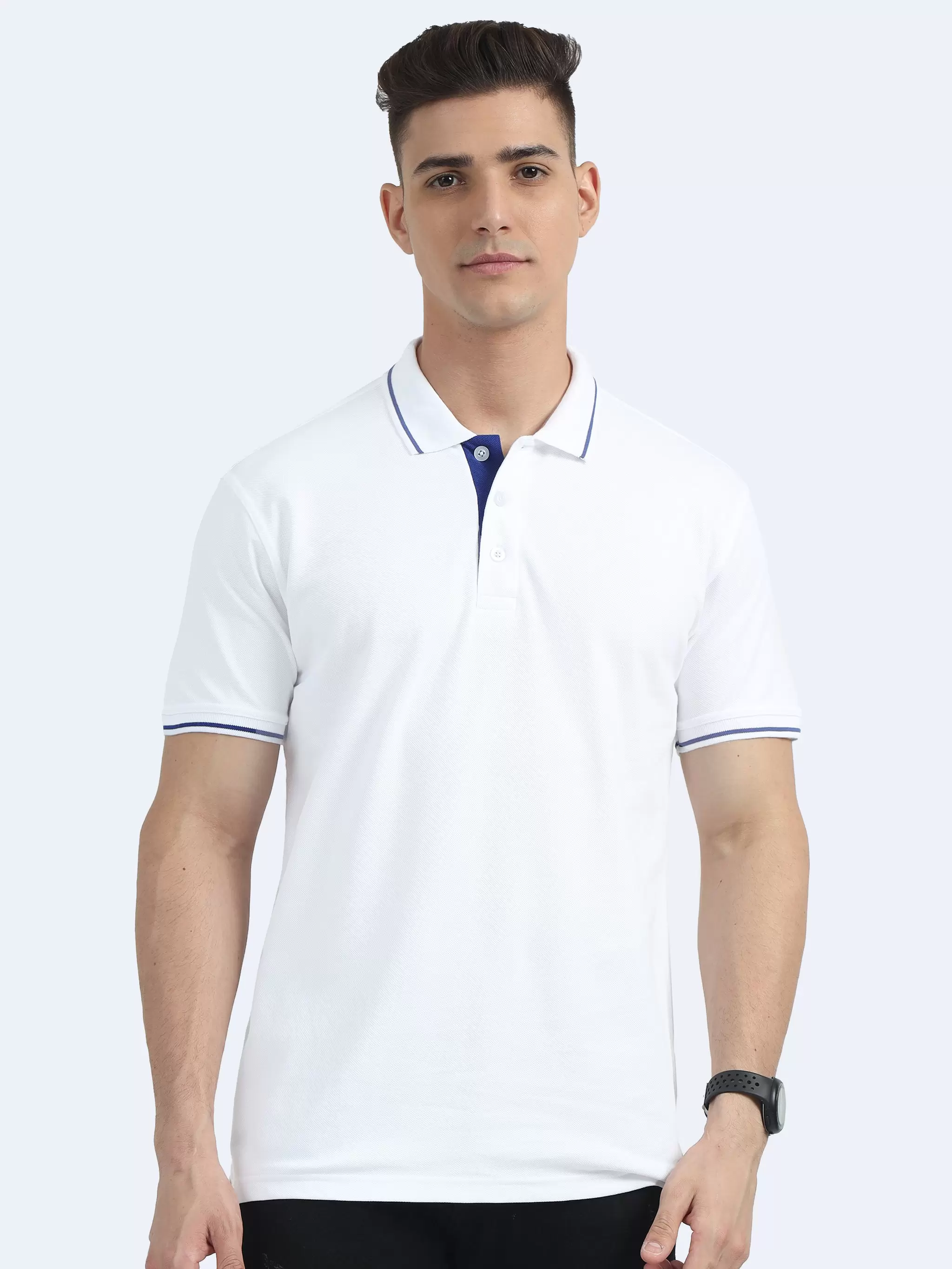 Polo T-Shirt Biowashed Organic 100% Premium Cotton Material for all-Day Comfort, Men Regular Fit - White with Blue Tipping T-Shirt